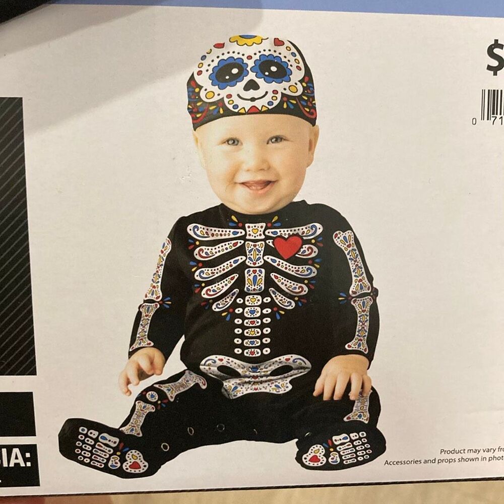 Baby Sugar Skull Halloween Costume 0-6 Months Jumpsuit & Cap